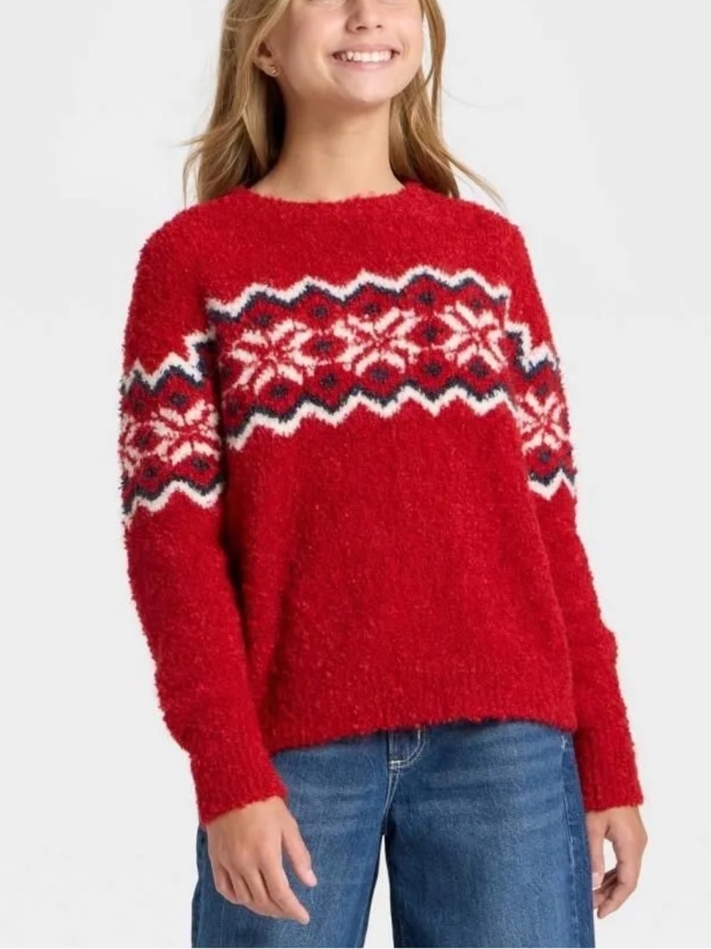 Art Class Girls' Fair Isle Boucle Holiday Sweater Red Large L (10/12) New NWT